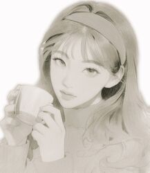 Rule 34 | 1girl, absurdres, commentary, cup, greyscale, hair behind ear, hair intakes, hairband, highres, holding, holding cup, joy (red velvet), k-pop, long hair, looking at viewer, monochrome, nagamerin, portrait, real life, realistic, red velvet (group), simple background, smile, solo, sweater, symbol-only commentary, teacup, turtleneck, turtleneck sweater, white background