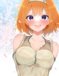 Rule 34 | 1girl, :d, alternate costume, arms behind back, bare shoulders, blue eyes, blush, breasts, casual, cleavage, clover print, collarbone, commentary, day, double-parted bangs, eyelashes, falling petals, frilled shirt, frills, go-toubun no hanayome, green hairband, hair between eyes, hairband, happy, highres, kakato 0, large breasts, looking at viewer, medium hair, nakano yotsuba, open mouth, orange hair, outdoors, petals, shirt, sleeveless, sleeveless shirt, smile, solo, spring (season), straight-on, teeth, tsurime, upper body, upper teeth only, yellow shirt