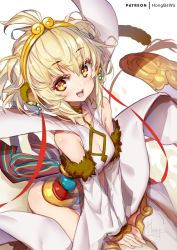 Rule 34 | 1girl, :d, andira (granblue fantasy), animal ears, artist name, blonde hair, blush, breasts, brown eyes, cleavage, cleavage cutout, clothing cutout, collarbone, commentary request, detached sleeves, dress, earrings, erune, fur-trimmed sleeves, fur trim, granblue fantasy, hagoromo, hair between eyes, hong (white spider), jewelry, long hair, long sleeves, looking at viewer, monkey ears, monkey girl, monkey tail, open mouth, shawl, sitting, sleeveless, sleeveless dress, sleeves past wrists, small breasts, smile, solo, tail, white background, white dress, white sleeves