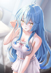 Rule 34 | 1girl, absurdres, ahoge, bare shoulders, bed, bed sheet, blue hair, blurry, blurry background, camisole, collarbone, crossed bangs, frilled camisole, frilled skirt, frills, from above, hand up, highres, hololive, indoors, leaning forward, lens flare, light blush, light particles, light rays, long hair, looking at viewer, official alternate costume, open mouth, pillow, pink ribbon, playing with own hair, polka dot, polka dot camisole, polka dot skirt, ribbon, sidelocks, skirt, spaghetti strap, sunbeam, sunlight, tatataecho, very long hair, virtual youtuber, white camisole, white skirt, yellow eyes, yukihana lamy, yukihana lamy (loungewear)