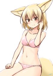 Rule 34 | 1girl, absurdres, animal ear fluff, animal ears, bare arms, bare shoulders, blonde hair, bow, bow bra, bra, breasts, brown eyes, collarbone, commentary, extra ears, fennec (kemono friends), fox ears, fox girl, fox tail, hair between eyes, hand in own hair, hand on own thigh, highres, kemono friends, light blush, light smile, looking at viewer, medium breasts, medium hair, navel, panties, pink bra, pink panties, shiraha maru, simple background, solo, split mouth, stomach, tail, underwear, underwear only, white background