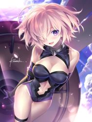 Rule 34 | 1girl, :d, ahoge, arms behind back, bare shoulders, black gloves, blush, breasts, cleavage, cleavage cutout, clothing cutout, cloud, day, elbow gloves, fate/grand order, fate (series), gloves, groin, hair over one eye, hand on own arm, holding own arm, kousaki rui, crossed legs, lens flare, leotard, looking at viewer, mash kyrielight, medium breasts, navel, navel cutout, open mouth, purple eyes, purple hair, shield, short hair, skin tight, sky, sleeveless, sleeveless turtleneck, smile, solo, thigh strap, turtleneck