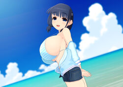 1girl 3d bare_legs bare_shoulders beach bikini blue_eyes blue_hair blue_sky blush blushing_female breasts colorized custom_maid_3d_2 custom_order_maid_3d_2 jacket large_breasts open_clothes open_jacket open_mouth profile shorts sideboob sky solo standing swimsuit tagme