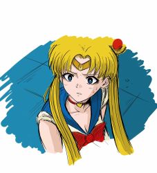 Rule 34 | 1girl, bad id, bad twitter id, bishoujo senshi sailor moon, bishoujo senshi sailor moon s, blonde hair, blue eyes, blue sailor collar, bow, bowtie, breasts, bright pupils, choker, cleavage, crescent, crescent earrings, derivative work, earrings, from side, hair ornament, heart, heart choker, highres, jewelry, meme, parted bangs, parted lips, red bow, red bowtie, red choker, sailor collar, sailor moon, sailor moon redraw challenge (meme), school uniform, screenshot redraw, serafuku, solo, sweatdrop, tiara, tsukino usagi, twintails, upper body, wide-eyed, yoshida mitutelu