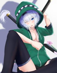Rule 34 | 1girl, alternate costume, arm up, bad id, bad pixiv id, black skirt, blue eyes, blush, breasts, center opening, collarbone, feet out of frame, green hoodie, hair between eyes, highres, hood, hood up, hoodie, katana, kirisame oreo, konpaku youmu, looking at viewer, medium breasts, one eye closed, open mouth, partially unzipped, shadow, silver hair, sitting, skirt, solo, sword, thighhighs, tongue, tongue out, touhou, unzipped, unzipping, weapon, zettai ryouiki, zipper