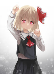 Rule 34 | 1girl, absurdres, ascot, black skirt, blonde hair, frills, grey background, hair ornament, highres, long sleeves, looking at viewer, nemu kotatsu, pleated skirt, red ascot, red eyes, rumia, shirt, short hair, skirt, solo, standing, touhou, white background, white shirt