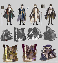 Rule 34 | 1boy, absurdres, alternate costume, bandaged chest, belt, black belt, black coat, black footwear, black gloves, black hair, black hat, black pants, black robe, blood, blue robe, brooch, brown jacket, cane, changpao, character sheet, checkered floor, chinese clothes, closed mouth, coat, coat on shoulders, collared jacket, crow yayu, cuff links, curtains, east longan pearls (the tale of food), expressionless, fedora, full body, gauze, gear hat ornament, gears, gloves, goggles, goggles on headwear, grey background, hair ribbon, hand on own hip, hand up, harness, hat, hat ornament, highres, indoors, jacket, jewelry, lamp, long hair, long sleeves, looking at viewer, low ponytail, male focus, mandarin collar, notebook, official art, on one knee, pants, parted bangs, partially unbuttoned, pen, people, phonograph, plant, potted plant, purple ribbon, ribbon, robe, shadow, shirt, shirt partially tucked in, shoes, sketch, sleeve cuffs, sleeves rolled up, solo, standing, suitcase, tassel, the tale of food, thigh strap, variations, white robe, white shirt, window, yellow eyes