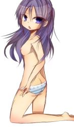 Rule 34 | 1girl, ass, breasts, butt crack, dress, hair between eyes, highres, inazuma eleven, inazuma eleven (series), kudou fuyuka, looking back, nipples, open mouth, panties, purple dress, purple eyes, simple background, solo, underwear, white background