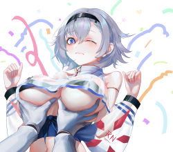 Rule 34 | 1boy, 1girl, ;|, anchor symbol, armlet, azur lane, bare shoulders, belt bra, black hairband, blush, grabbing another&#039;s breast, breasts, cheerleader, commander (azur lane), commentary request, crop top, crop top overhang, eagle union (emblem) (azur lane), gloves, grabbing, grey hair, hair between eyes, hairband, large breasts, long sleeves, looking at viewer, midriff, natsugou shinogi, navel, parted hair, pov, pov hands, purple eyes, purple sash, reno (azur lane), reno (biggest little cheerleader) (azur lane), sash, see-through, see-through sleeves, shirt, short hair, sidelocks, sleeveless, solo focus, standing, streamers, underboob, upper body, w arms, wavy mouth, white background, white gloves