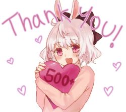 Rule 34 | 1girl, :d, animal ears, blush, commentary, english commentary, heart, holding, long sleeves, looking at viewer, milestone celebration, mochii, hugging object, open mouth, original, pillow, pillow hug, pink eyes, rabbit ears, round teeth, silver hair, smile, solo, teeth, thank you, upper body