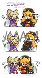 Rule 34 | &gt;:o, 3girls, :o, ^ ^, angry, blonde hair, blush stickers, bowl, bowl hat, cape, chair, chinese clothes, closed eyes, comic, earmuffs, english text, grin, hat, highres, junko (touhou), mini person, minigirl, multiple girls, needle, peachems (gemu), prank, purple eyes, red eyes, ritual baton, school swimsuit, screaming, simple background, smile, spiked hair, sukuna shinmyoumaru, swimsuit, touhou, toyosatomimi no miko, troll face, trolling, v-shaped eyebrows