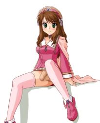 Rule 34 | 1futa, bottomless, brown hair, censored, character request, choker, copyright request, futanari, green eyes, hat, jewelry, long hair, looking at viewer, mosaic censoring, necklace, penis, pink thighhighs, solo, supon, thighhighs