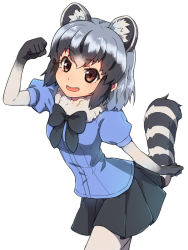 Rule 34 | 10s, 1girl, animal ears, black bow, black bowtie, black gloves, black hair, black skirt, blue shirt, bow, bowtie, brown eyes, chiharu (9654784), common raccoon (kemono friends), cowboy shot, extra ears, fang, fur collar, gloves, grey hair, hand up, highres, kemono friends, looking at viewer, miniskirt, pantyhose, pleated skirt, raccoon ears, raccoon tail, shirt, short hair, short sleeves, skirt, smile, solo, tail, white background, white pantyhose