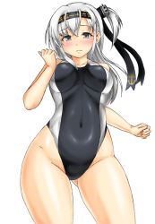 Rule 34 | 1girl, bare legs, black headband, black one-piece swimsuit, blush, breasts, collarbone, covered navel, cowboy shot, embarrassed, gluteal fold, hachimaki, hair between eyes, headband, kantai collection, kudou (ooabareteng), long hair, medium breasts, one-piece swimsuit, one side up, simple background, solo, suzutsuki (kancolle), swimsuit, two-tone swimsuit, white background, white one-piece swimsuit