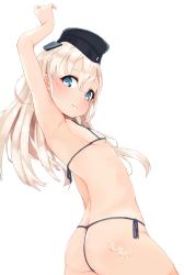 Rule 34 | 1girl, :p, alakoala, arm up, armpits, ass, back, bare shoulders, bikini, blue bikini, blue eyes, blush, bodypaint, breasts, character name, closed mouth, covered erect nipples, cowboy shot, from below, from side, hair between eyes, highres, kantai collection, long hair, looking at viewer, looking down, looking to the side, micro bikini, see-through, side-tie bikini bottom, signature, simple background, small breasts, smile, solo, suggestive fluid, swimsuit, tan, tongue, tongue out, u-511 (kancolle), underboob, white background