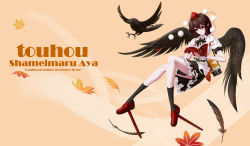 Rule 34 | 1girl, animal, armband, autumn leaves, belt, bird, black belt, black bow, black bowtie, black feathers, black legwear, black skirt, black wings, blush, book, bow, bowtie, brown hair, camera, camera around neck, character name, closed mouth, crow, english text, fasnakegod, feathered wings, feathers, frilled skirt, frills, geta, hat, hauchiwa, highres, holding, holding book, holding pen, open book, pen, pom pom (clothes), puffy short sleeves, puffy sleeves, red armband, red eyes, red footwear, red hat, red tassel, shameimaru aya, shirt, short sleeves, skirt, smile, solo, tengu-geta, tokin hat, touhou, white shirt, wings, writing