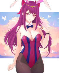 Rule 34 | 1girl, absurdres, alternate costume, animal ears, bare arms, bare shoulders, black pantyhose, blue bow, blue bowtie, blush, bow, bowtie, breasts, cleavage, commentary, covered navel, detached collar, fake animal ears, female focus, fire emblem, fire emblem engage, groin, hand up, head tilt, highleg, highleg leotard, highres, ivy (fire emblem), jewelry, large breasts, leotard, looking at viewer, matching hair/eyes, mole, mole under mouth, nintendo, pantyhose, pink lips, playboy bunny, purple eyes, purple hair, rabbit ears, ring, smile, solo, strapless, strapless leotard, striped clothes, striped leotard, truejekart, vertical-striped clothes, vertical-striped leotard