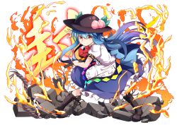Rule 34 | 1girl, blue hair, boots, cross-laced footwear, dress, fire, food, fruit, full body, hat, highres, hinanawi tenshi, lace-up boots, layered dress, long hair, looking at viewer, nogisaka kushio, peach, puffy sleeves, red eyes, ribbon, short sleeves, smile, solo, spread legs, sword of hisou, text background, text focus, touhou, transparent background