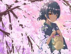 Rule 34 | 1girl, blue hair, blush, cherry blossoms, doll, flower, hair flower, hair ornament, hands up, holding, idolmaster, idolmaster shiny colors, japanese clothes, kimono, looking at viewer, looking to the side, morino rinze, obi, petals, red eyes, sash, short hair, solo, sorano eika, spring (season), straw doll, tree