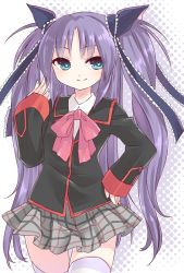 Rule 34 | 1girl, blue eyes, bow, hiyosuke (ak love), little busters!, long hair, pink bow, purple hair, sasasegawa sasami, school uniform, solo, thighhighs, twintails, two side up