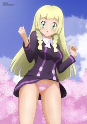 Rule 34 | 1girl, absurdres, ace trainer (pokemon), ace trainer (pokemon) (cosplay), astrid (pokemon), astrid (pokemon) (cosplay), blonde hair, blush, bow, bowtie, braid, breasts, cherry blossoms, cloud, cosplay, creatures (company), game freak, green eyes, highres, jacket, lillie (pokemon), long hair, long sleeves, looking at viewer, medium breasts, nintendo, open mouth, panties, pink panties, pokemon, pokemon (anime), pokemon sm (anime), pokemon xy (anime), purple jacket, purple skirt, skirt, sky, standing, tree, twin braids, underwear, white bow, white bowtie, wind, wind lift, zel-sama