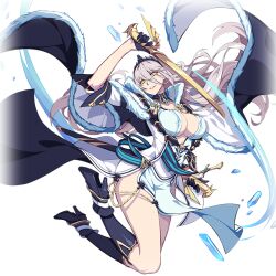 Rule 34 | 1girl, bare legs, black tiara, boots, breasts, cape, cleavage, ekaterina (honkai impact), full body, fur-trimmed cape, fur trim, gloves, grey hair, high heel boots, high heels, holding, holding sword, holding weapon, honkai (series), honkai impact 3rd, ice, large breasts, long hair, official art, sheath, sheathed, smirk, sword, third-party source, tiara, transparent background, weapon, yellow eyes