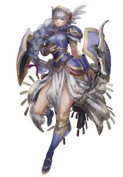 Rule 34 | 1girl, arm guards, armlet, armor, armored dress, blue armor, boots, bow (weapon), braid, breastplate, breasts, commentary request, faulds, feather hair, feather hair ornament, feathers, forehead protector, full body, greaves, hair ornament, helmet, highres, holding, holding weapon, lenneth valkyrie, long hair, official art, overskirt, pauldrons, pelvic curtain, quiver, shield, shoulder armor, shoulder pads, silver hair, simple background, single braid, solo, star ocean, star ocean anamnesis, valkyrie, valkyrie profile (series), weapon, white background, yasuda akira