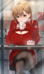 Rule 34 | 1girl, absurdres, breasts, brown eyes, brown hair, cake, cake slice, cleavage, crossed legs, cup, food, highres, holding, holding cup, large breasts, long hair, meme attire, open mouth, original, pantyhose, pov across table, red sweater, sitting, sleeves past wrists, sweater, udon (udonalium), virgin killer sweater