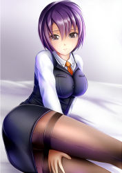Rule 34 | 1girl, bad id, bad pixiv id, belted, belted dress, blush, breasts, brown pantyhose, clasped dress, dress, formal, grey eyes, inoue kiriko, nannacy7, necktie, office lady, pantyhose, pencil skirt, short hair, sitting, skirt, skirt suit, solo, suit, thighband pantyhose, tight clothes, tight dress, vest, wrestle angels, wrestle angels survivor