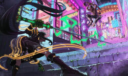 Rule 34 | arms up, ass, battle, billboard, black dress, black footwear, black hair, boots, building, chinese commentary, commentary request, cyberpunk, dress, duel, fighting stance, floating hair, from below, gloves, glowing, glowing sword, glowing weapon, gun, hand on ground, head-mounted display, highres, holding, holding gun, holding sword, holding weapon, jumping, lantern, leaning forward, long hair, mixed gender duel, neon lights, neon trim, night, original, outdoors, paper lantern, ponytail, scenery, science fiction, shop, sidelocks, smoking, spiked kneepads, stairs, sword, topless male, very long hair, weapon, yori.