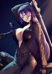 Rule 34 | 1girl, arm up, belt, bodysuit, breasts, fate/grand order, fate (series), fingerless gloves, gloves, highres, holding, holding sword, holding weapon, jacket, katana, large breasts, long hair, looking at viewer, minamoto no raikou (fate), motor vehicle, motorcycle, open clothes, open mouth, purple eyes, purple hair, sitting, solo, sword, very long hair, weapon, yasu (segawahiroyasu)
