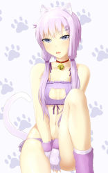 Rule 34 | 1girl, abmayo, absurdres, animal ears, animal hands, areola slip, arm warmers, bare arms, bare shoulders, bell, between legs, blush, bra, breasts, cat ears, cat lingerie, cat tail, cleavage cutout, clothing cutout, collarbone, covering crotch, covering privates, eyebrows, frilled bra, frills, gloves, hair tubes, hand between legs, highres, jingle bell, kemonomimi mode, knee up, leg warmers, long hair, looking at viewer, low twintails, meme attire, navel, no bra, panties, paw gloves, paw hair ornament, paw print, purple background, purple bra, purple eyes, purple gloves, purple hair, purple panties, purple ribbon, ribbon, short hair with long locks, side-tie panties, simple background, sitting, small breasts, solo, stomach, tail, thighs, tsurime, twintails, underwear, underwear only, vocaloid, voiceroid, yuzuki yukari