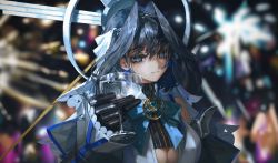 Rule 34 | 1girl, black gloves, blue cape, blue hair, blue ribbon, breasts, cape, chain, cleavage cutout, clothing cutout, detached sleeves, gloves, hair intakes, halo, headband, heart-shaped gem, highres, hololive, hololive english, large breasts, mechanical halo, ouro kronii, quasarcake, ribbon, sailor collar, scene reference, shirt, short hair, sleeveless, sleeveless shirt, solo, sweater, toasting (gesture), turtleneck, turtleneck sweater, underboob, veil, virtual youtuber, zipper