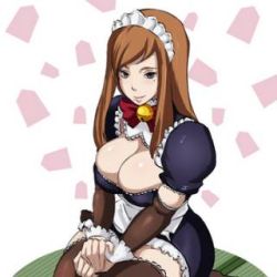 Rule 34 | 1girl, artist request, bell, bow, breasts, brown hair, butcha-u, castlevania (series), castlevania: portrait of ruin, charlotte aulin, cleavage, large breasts, long hair, lowres, maid, maid headdress, solo, source request, thighhighs