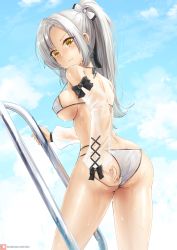 Rule 34 | 1girl, ass, azur lane, back, bare shoulders, bikini, bow, breasts, butt crack, covered erect nipples, cowboy shot, day, detached sleeves, drake (azur lane), drake (the golden hind&#039;s respite) (azur lane), from behind, from below, frown, hair bow, halterneck, highres, joko jmc, long hair, long sleeves, looking at viewer, looking back, medium breasts, multi-strapped bikini, outdoors, ponytail, see-through, sidelocks, silver hair, sky, solo, strap gap, string bikini, swimsuit, thighs, wedgie, wet, white bikini, yellow eyes