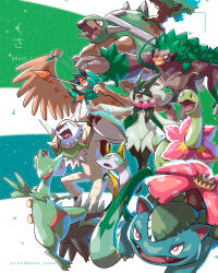 Rule 34 | aiming, arrow (projectile), black eyes, brown eyes, chesnaught, closed mouth, colored sclera, creatures (company), decidueye, fangs, game freak, gen 1 pokemon, gen 2 pokemon, gen 3 pokemon, gen 4 pokemon, gen 5 pokemon, gen 6 pokemon, gen 7 pokemon, gen 8 pokemon, half-closed eyes, hands up, highres, kelvin-trainerk, meganium, meowscarada, nintendo, open mouth, pokemon, red eyes, rillaboom, sceptile, serperior, smile, teeth, tongue, torterra, v-shaped eyebrows, venusaur, yellow eyes, yellow sclera
