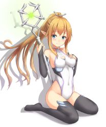 Rule 34 | 1girl, bare shoulders, black gloves, black thighhighs, blonde hair, blue eyes, blush, bridal gauntlets, center opening, collarbone, covered navel, elbow gloves, full body, gloves, halterneck, hand on own chest, highleg, highleg leotard, highres, leotard, long hair, looking at viewer, monoku, original, pointy ears, ponytail, seiza, shadow, simple background, sitting, skin tight, smile, solo, staff, thighhighs, very long hair, white background