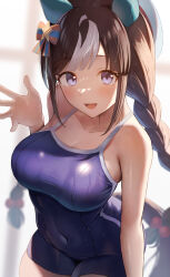 Rule 34 | 1girl, absurdres, braid, breasts, brown hair, covered navel, ear covers, highres, hokko tarumae (umamusume), horse girl, large breasts, long hair, looking at viewer, multicolored hair, one-piece swimsuit, open mouth, purple eyes, ray mil68, smile, solo, streaked hair, swimsuit, tracen swimsuit, twin braids, umamusume, white hair