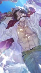 Rule 34 | 1boy, abs, arm up, belt, brown hair, coat, collared shirt, commentary request, cowboy shot, epaulettes, facial hair, gol d. roger, highres, jewelry, looking at viewer, male focus, muscular, muscular male, mustache, necklace, one eye closed, one piece, open clothes, open shirt, ovasayuri, pants, red coat, sash, shirt, sky, smile, solo, twitter username