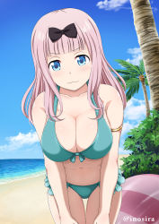 Rule 34 | 1girl, bangle, bare shoulders, beach, bikini, black bow, blue eyes, blunt bangs, bow, bracelet, breasts, cleavage, closed mouth, cloud, collarbone, commentary, day, frilled bikini, frills, front-tie top, fujiwara chika, hair bow, hair ornament, hands on own thighs, hands on thighs, highres, inoshira, jewelry, kaguya-sama wa kokurasetai ~tensai-tachi no renai zunousen~, large breasts, leaning forward, long hair, looking at viewer, navel, ocean, palm tree, pink hair, shiny skin, smile, solo, swimsuit, tree, v arms