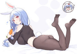 Rule 34 | &gt; &lt;, 2girls, absurdres, anger vein, animal ears, ass, bare shoulders, blue hair, blush, braid, braided ponytail, breasts, carrot, cloba, clothing cutout, eating, feet, food, full body, hair ornament, highres, holding, holding carrot, hololive, large breasts, long hair, looking at viewer, looking back, lying, mature female, mother and daughter, multicolored hair, multiple girls, no shoes, on stomach, open mouth, pantyhose, pekomama, pekomon (usada pekora), rabbit ears, rabbit girl, rabbit tail, red eyes, shoulder cutout, simple background, single braid, smile, soles, solo, tail, the pose, thighs, twin braids, usada pekora, vegetable, virtual youtuber, white background, white hair
