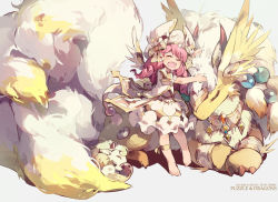 Rule 34 | 1girl, animal, barefoot, closed eyes, cotton (p&amp;d), dragon, dress, drill hair, hat, hug, long hair, monster, multiple tails, open mouth, pink hair, puzzle &amp; dragons, short sleeves, smile, tail, tennohi, wings