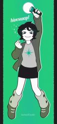 Rule 34 | 1girl, berenich0, black hair, child, female focus, flashlight, full body, gradient background, green background, highres, hiveswap, joey claire, looking at viewer, monochrome, pale skin, shirt, shoes, skirt, smile, socks, solo, source request, spot color, sweater, t-shirt