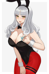 Rule 34 | 1girl, alternate costume, animal ears, black leotard, black neckwear, blue nails, breasts, carmilla (fate), cowboy shot, curly hair, detached collar, fake animal ears, fake tail, fate/grand order, fate (series), fingernails, grey background, grey hair, kozara14, large breasts, leotard, long fingernails, nail polish, pantyhose, playboy bunny, rabbit ears, rabbit tail, red pantyhose, sharp fingernails, side-tie leotard, simple background, solo, standing, strapless, strapless leotard, tail, wrist cuffs, yellow eyes