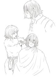 Rule 34 | 1boy, 1girl, bob cut, breasts, brother and sister, closed eyes, collared shirt, commentary, cutting hair, dress, dungeon meshi, facial hair, falin touden, falin touden (tallman), greyscale, h sinva, hair between eyes, highres, holding, holding another&#039;s hair, holding scissors, laios touden, looking at viewer, monochrome, multiple views, open mouth, profile, sash, scissors, shirt, short hair, siblings, simple background, sketch, stubble, symbol-only commentary