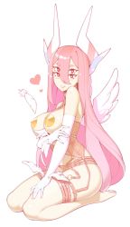 Rule 34 | 1girl, absurdres, barefoot, blush, breasts, bright pupils, chi (fernybee), elbow gloves, extra eyes, feathers, full body, garter belt, gloves, hair between eyes, halphelt, heart, heart-shaped pupils, highres, horns, large breasts, long hair, looking at viewer, original, parted lips, pasties, pink hair, red eyes, seiza, simple background, sitting, smile, solo, symbol-shaped pupils, white background, white gloves, white pupils, white wings, wings