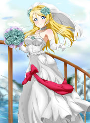 Rule 34 | 10s, 1girl, ayase eli, bare shoulders, blonde hair, blue eyes, bouquet, bridal veil, dress, elbow gloves, flower, frolaytia, gloves, hair down, highres, long hair, love live!, love live! school idol festival, love live! school idol project, official style, smile, solo, veil, wedding dress