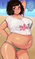 Rule 34 | 1girl, beach, belly, bikini, breasts, kawakami sadayo, kipteitei, large breasts, nipples, persona, persona 5, plump, solo, swimsuit