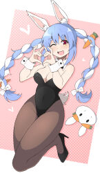 Rule 34 | 1girl, alternate costume, animal ear fluff, animal ears, bare shoulders, black bow, black bowtie, black footwear, black leotard, black pantyhose, blue hair, border, bow, bowtie, breasts, cleavage, commentary request, commission, detached collar, heart, heart hands, high heels, highleg, highleg leotard, highres, hololive, leotard, long hair, medium breasts, multicolored hair, nel-c, one eye closed, open mouth, orange eyes, pantyhose, pekomon (usada pekora), pink background, playboy bunny, rabbit ears, rabbit tail, short eyebrows, simple background, skeb commission, smile, solo, strapless, strapless leotard, streaked hair, tail, thick eyebrows, thick thighs, thighs, twintails, usada pekora, very long hair, virtual youtuber, white border, white hair, wrist cuffs