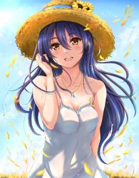 Rule 34 | 1girl, artist name, artist request, bare shoulders, blue hair, blue sky, blush, breasts, brown hat, cleavage, cloud, collarbone, day, dress, drop necklace, female focus, field, floating hair, flower, flower field, hair between eyes, hat, hat flower, highres, jewelry, long hair, looking at viewer, love live!, love live! school idol project, medium breasts, necklace, outdoors, parted lips, petals, playing with own hair, sky, smile, solo, sonoda umi, sundress, sunflower, white dress, yellow eyes, yellow petals